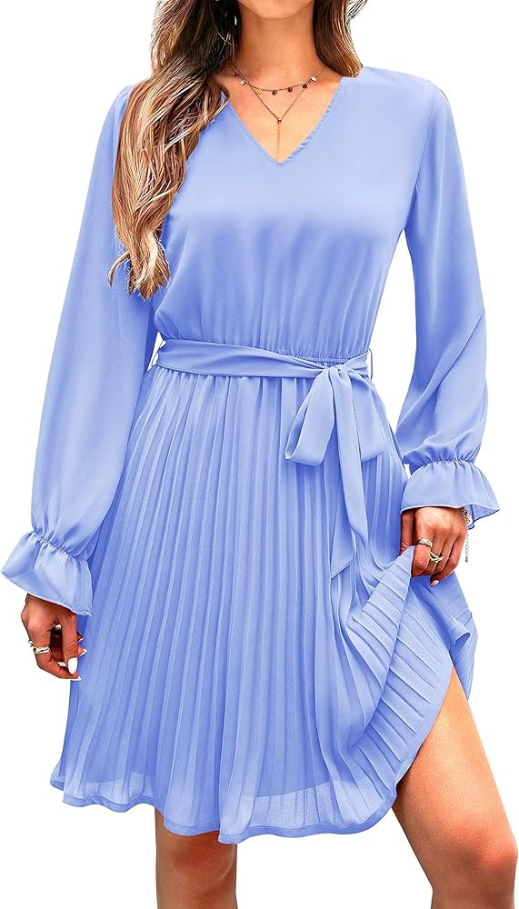 PRETTYGARDEN Women's Casual Spring Dresses Long Puff Sleeve V Neck Pleated Ruffle Flowy Belted Dr... | Amazon (US)
