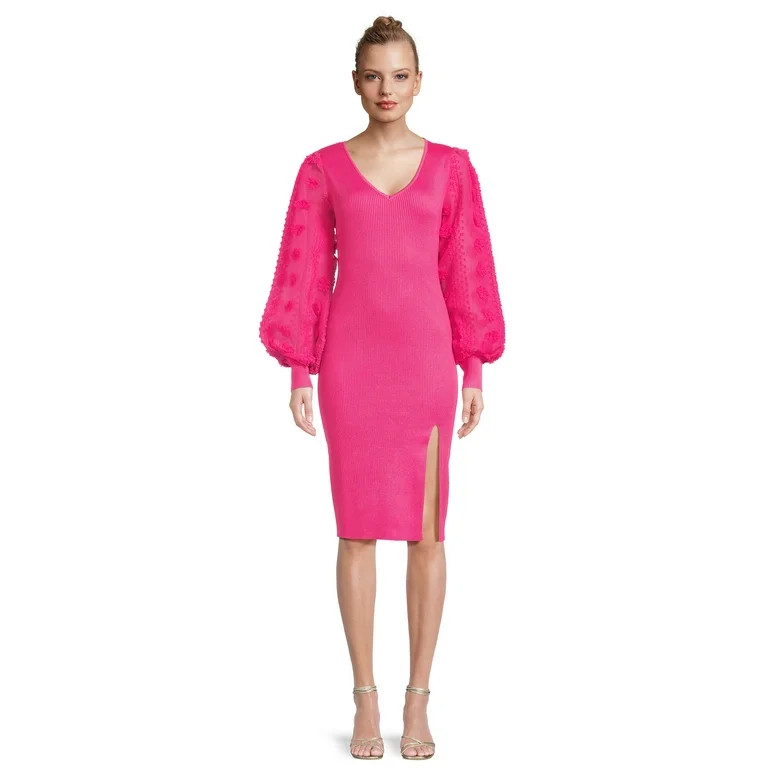 No Boundaries Juniors V-Neck Midi Dress with Long Sleeves, Sizes XS-3XL - Walmart.com | Walmart (US)