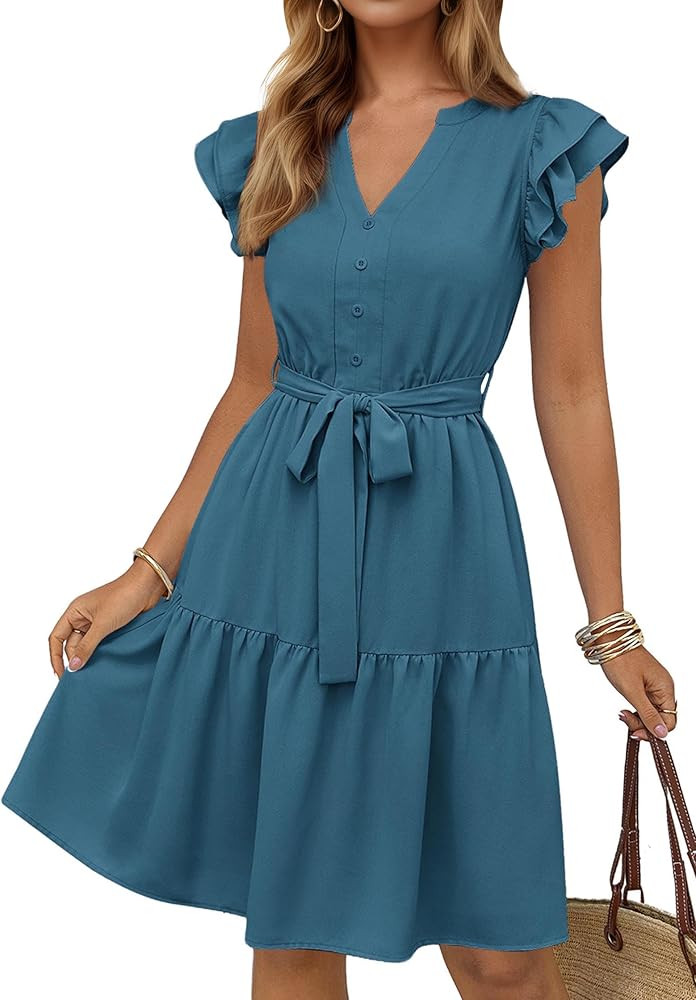 KIRUNDO Summer Dresses for Women 2025 Ruffle Sleeve V Neck Flowy Tiered Cute A Line Spring Dress ... | Amazon (US)