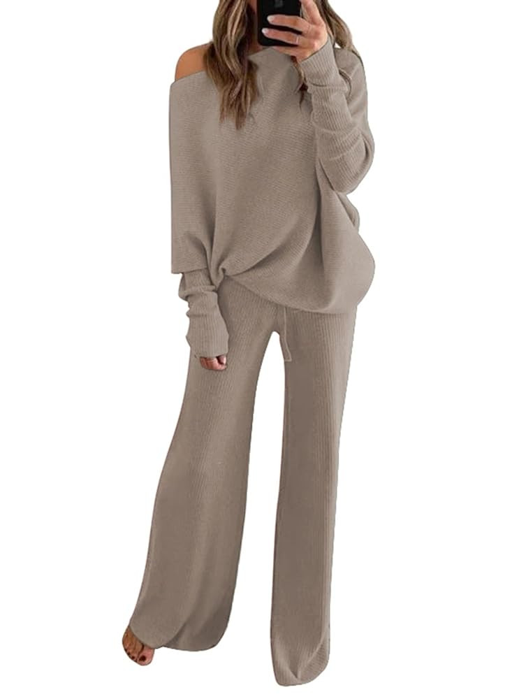 Fixmatti Womens Knitted Outfits 2 Pieces Sweatsuit Off the Shoulder Sweater Wide Leg Pant Set | Amazon (US)