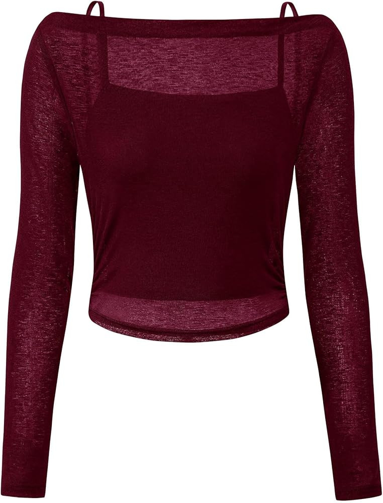 PRETTYGARDEN Women's Long Sleeve Sheer Crop Tops Boat Neck See Through Cover Up with Spaghetti St... | Amazon (US)