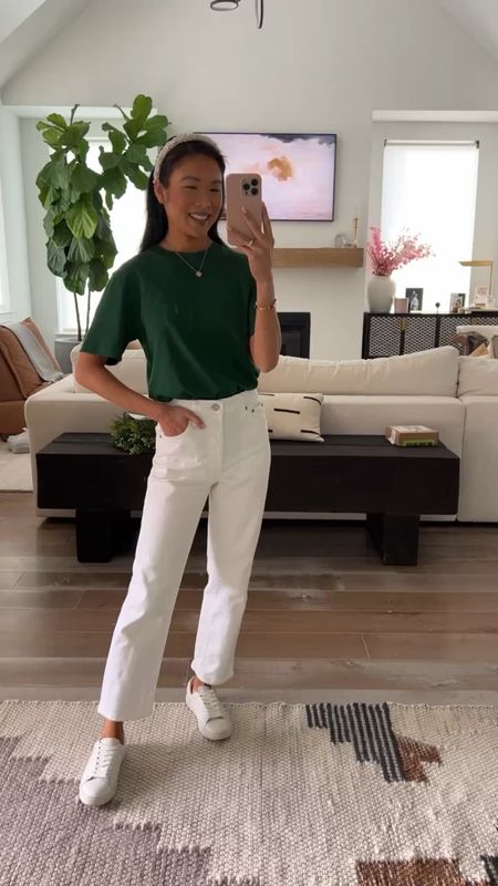 Spring outfit with green tee in size XS paired with white straight leg jeans in size 2 and leather sneakers for a chic look. Perfect weekend outfit or casual workwear! Love how easy it is to throw together. Use code HKCUNG20 for 20% off the tee on your first purchase  

#LTKstyletip #LTKsalealert #LTKSeasonal