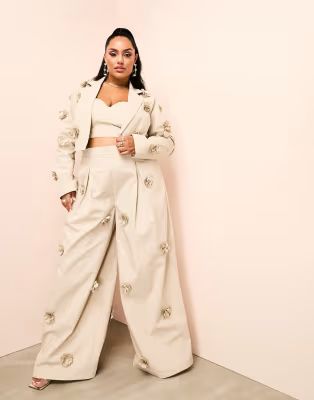 ASOS LUXE Curve 3-piece 3D flower bralette, blazer and pants in stone | ASOS (Global)
