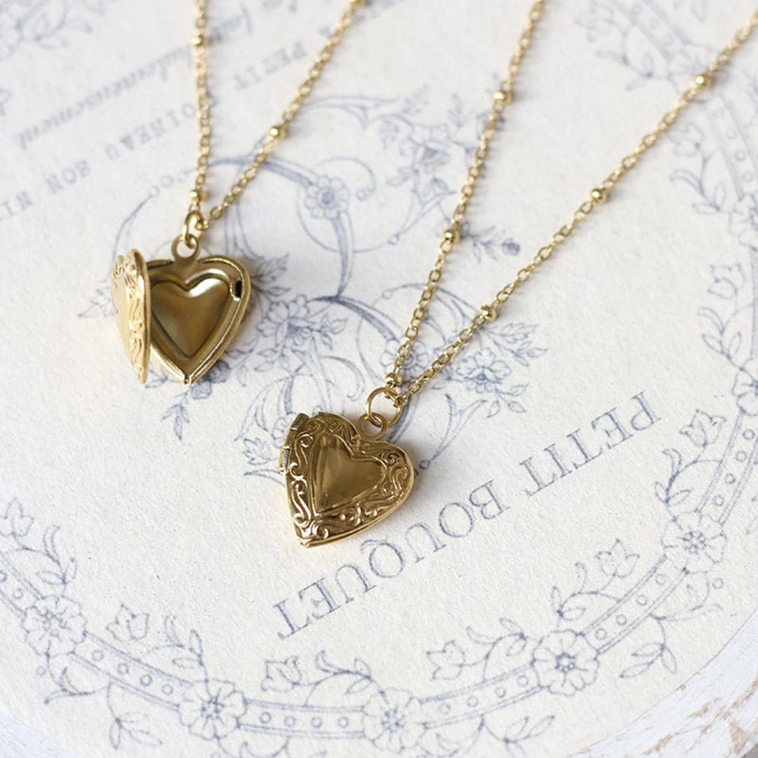 Personalized 18k Gold Plated Mini Heart Locket Necklace Love Locket Pendant Necklace w/ Beaded Ch... | Etsy (US)