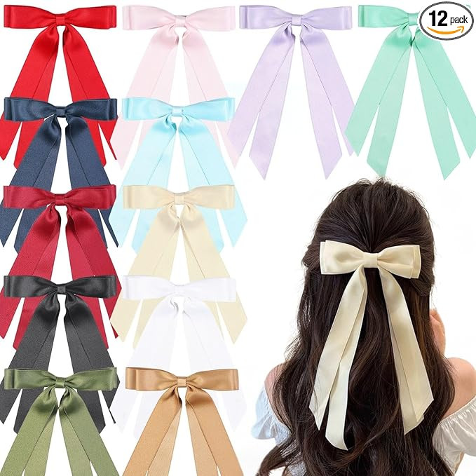 12 PCS Double Layer Hair Accessories - Silky Satin Ribbon Bow Clips with Long Tails for Women | Amazon (US)