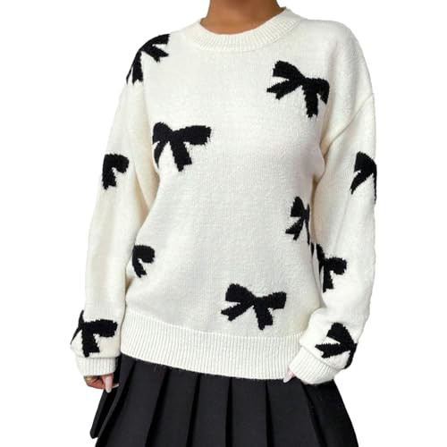 Bow Print Sweater Women, Ribbon Sweater for Women, Women's Long Sleeve Crew Neck Vintage Y2k Knitted Sweater(Large) White | Amazon (US)