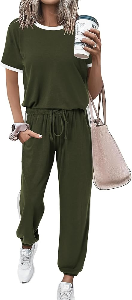 MASCOMODA Womens 2 Piece Outfits 2026 Summer Tracksuit Sets Short Sleeve Tops Travel Long Pants J... | Amazon (US)