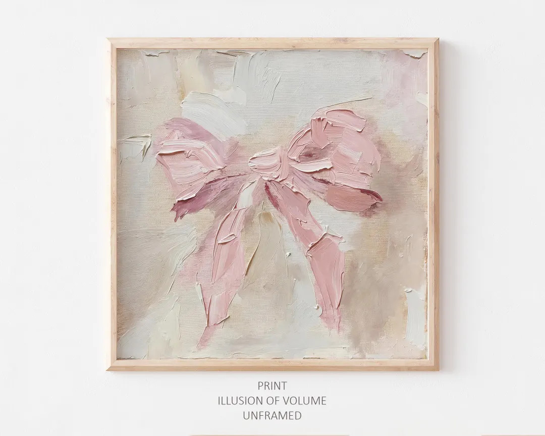 Pink Bow Oil Print Coquette Bow Painting Neutral Girly Apartment Wall Art Beige Pink PRINT From a... | Etsy (US)