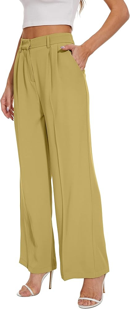 FUNYYZO Women's Wide Leg Pants High Elastic Waisted in The Back Business Work Trousers Long Strai... | Amazon (US)