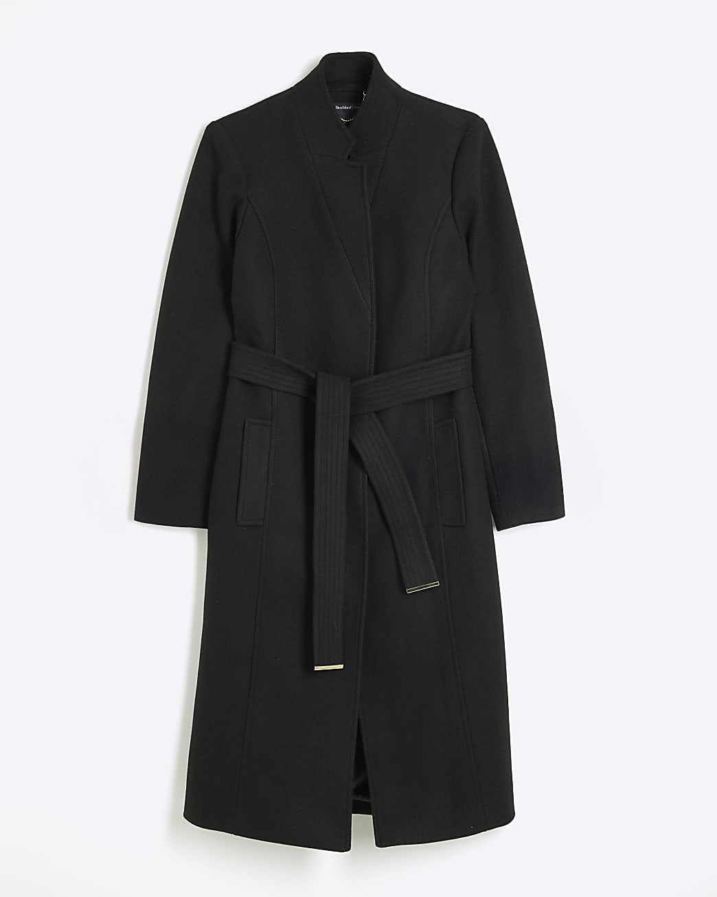 Black Notch Collar Belted Wrap Coat | River Island UK & IE
