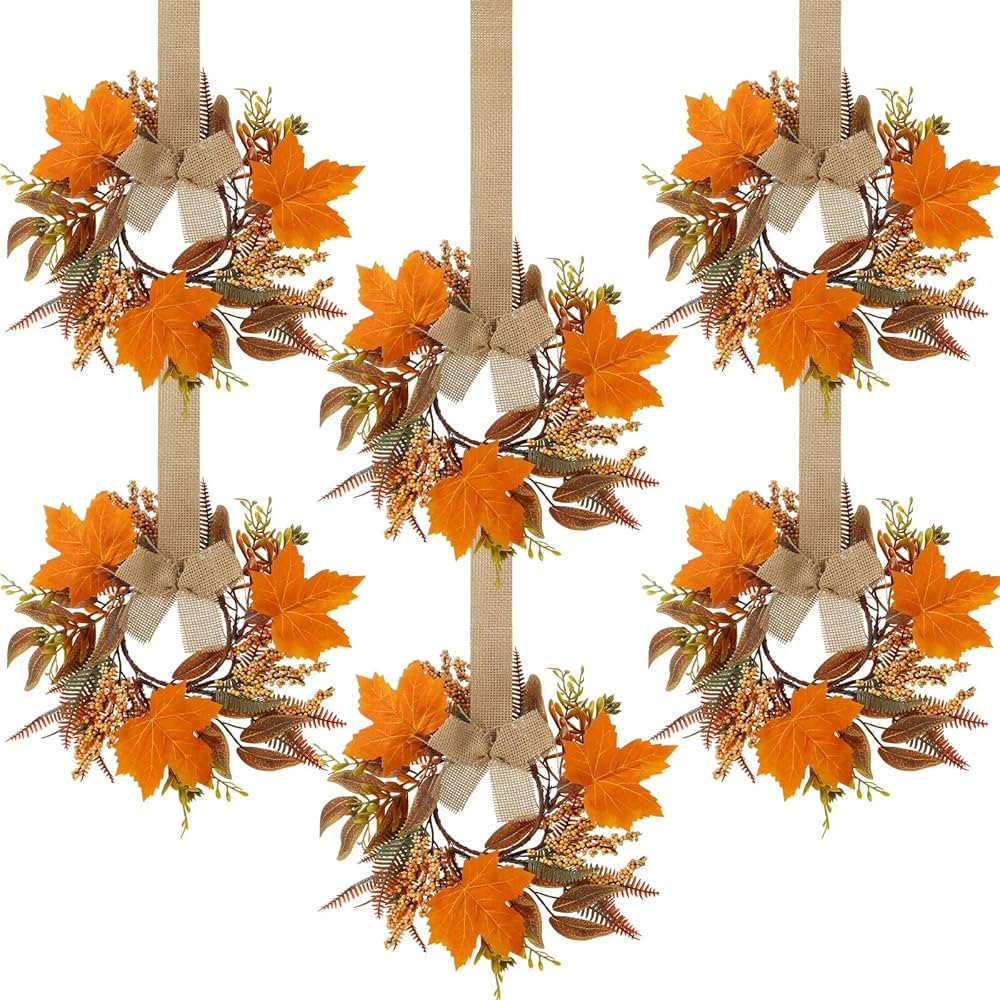 Hoteam 6 Pcs Fall Mini Wreath Thanksgiving Kitchen Cabinet Wreaths with Bow Ribbon Maple Autumn A... | Amazon (US)