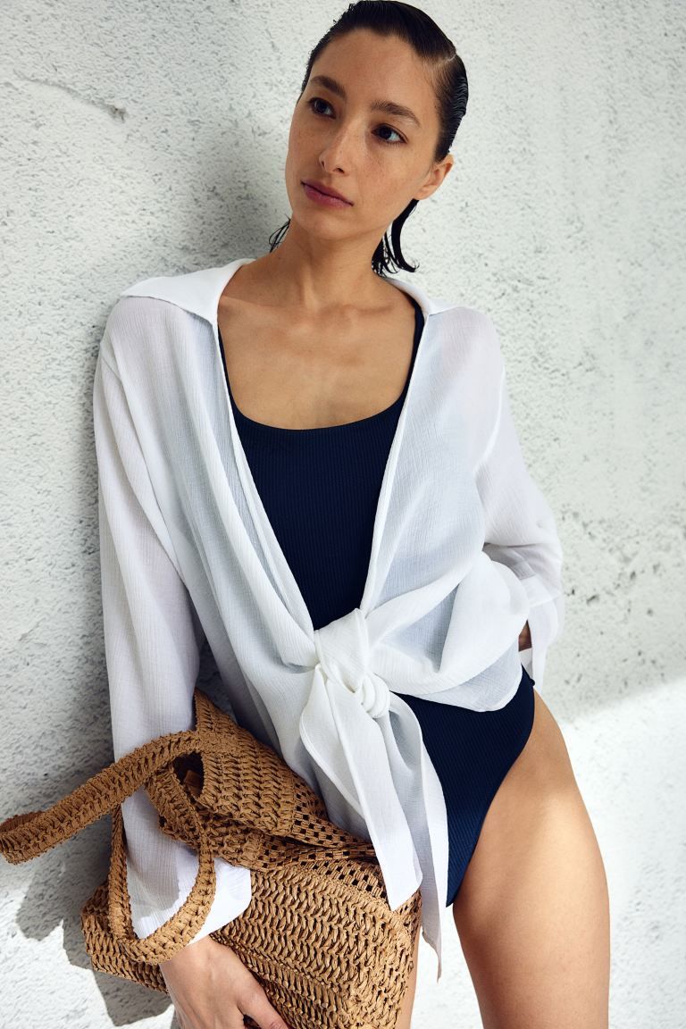 Tie-detail Beach Dress - Plunge Neckline - Long sleeve - White - Ladies | H&M US | H&M (US + CA)