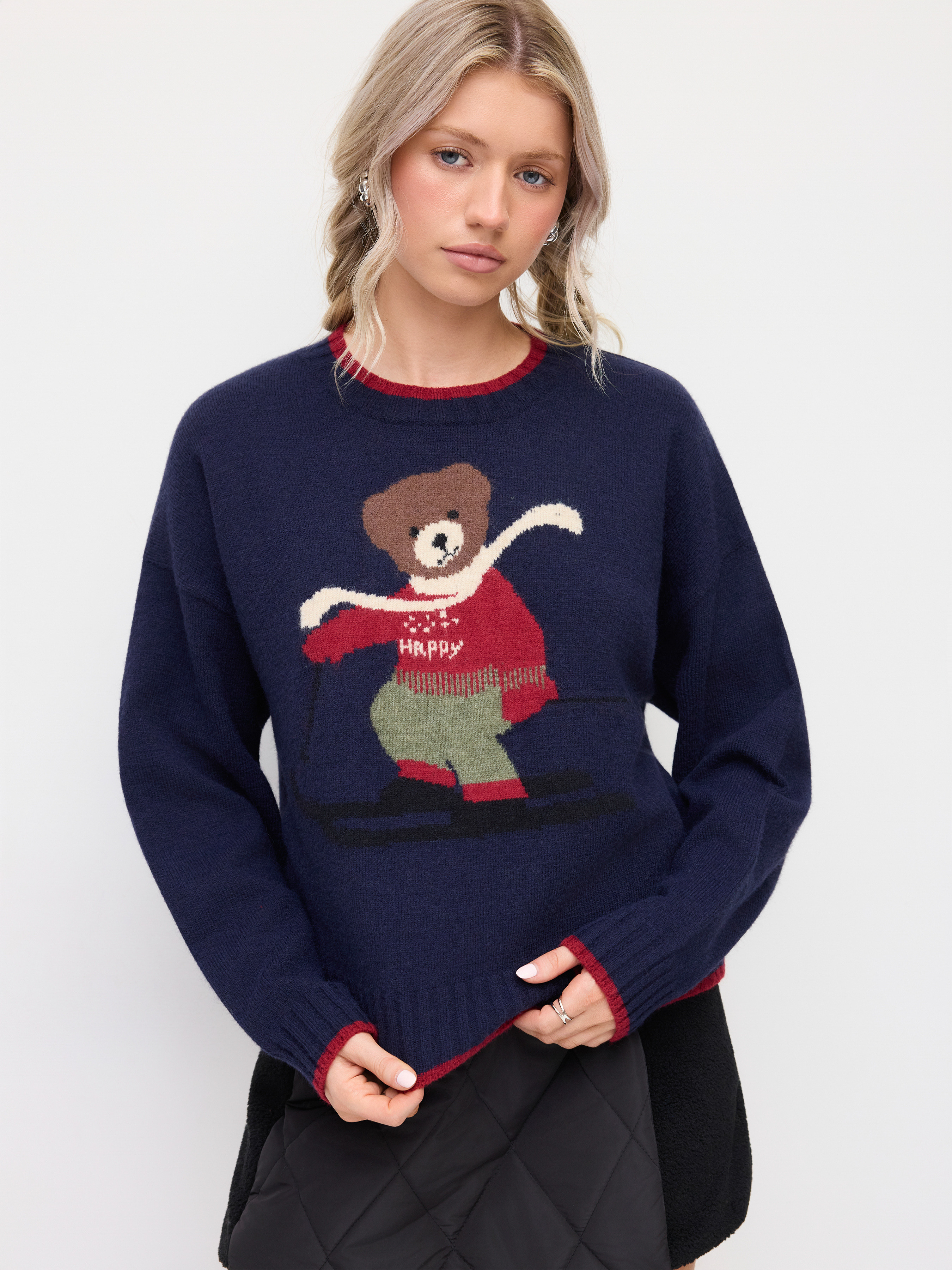 Knit Fabric Knit Happy Bear Round Neck Contrasting Trim Sweater For Daily Casual | Cider