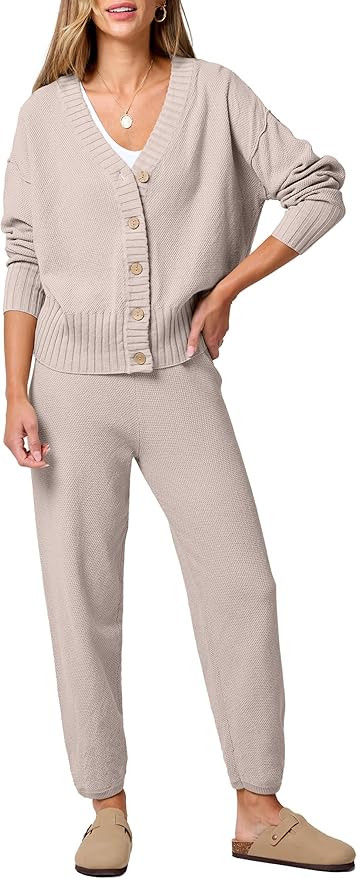 ANRABESS Women 2 Piece Lounge Sets 2025 Fall Outfits Casual Waffle Knit Cardigan Sweater Pant Set... | Amazon (US)