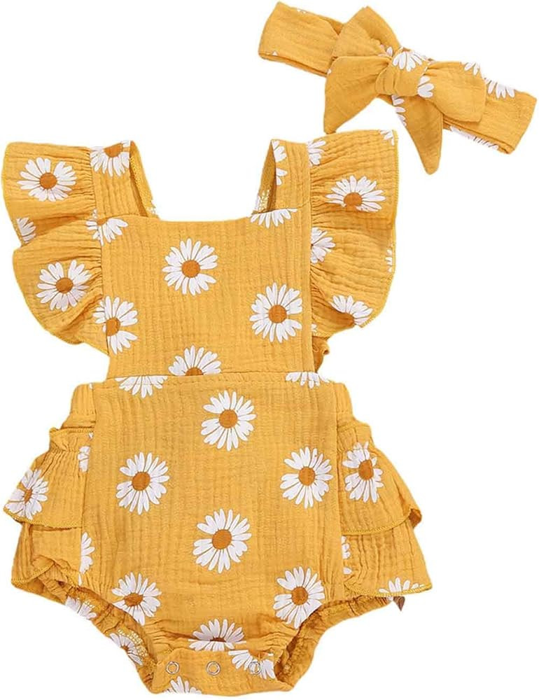 Newborn Baby Girls Daisy Romper Ruffled Sleeve Onesie Dress Playsuits Floral Jumpsuit Infant Summ... | Amazon (US)