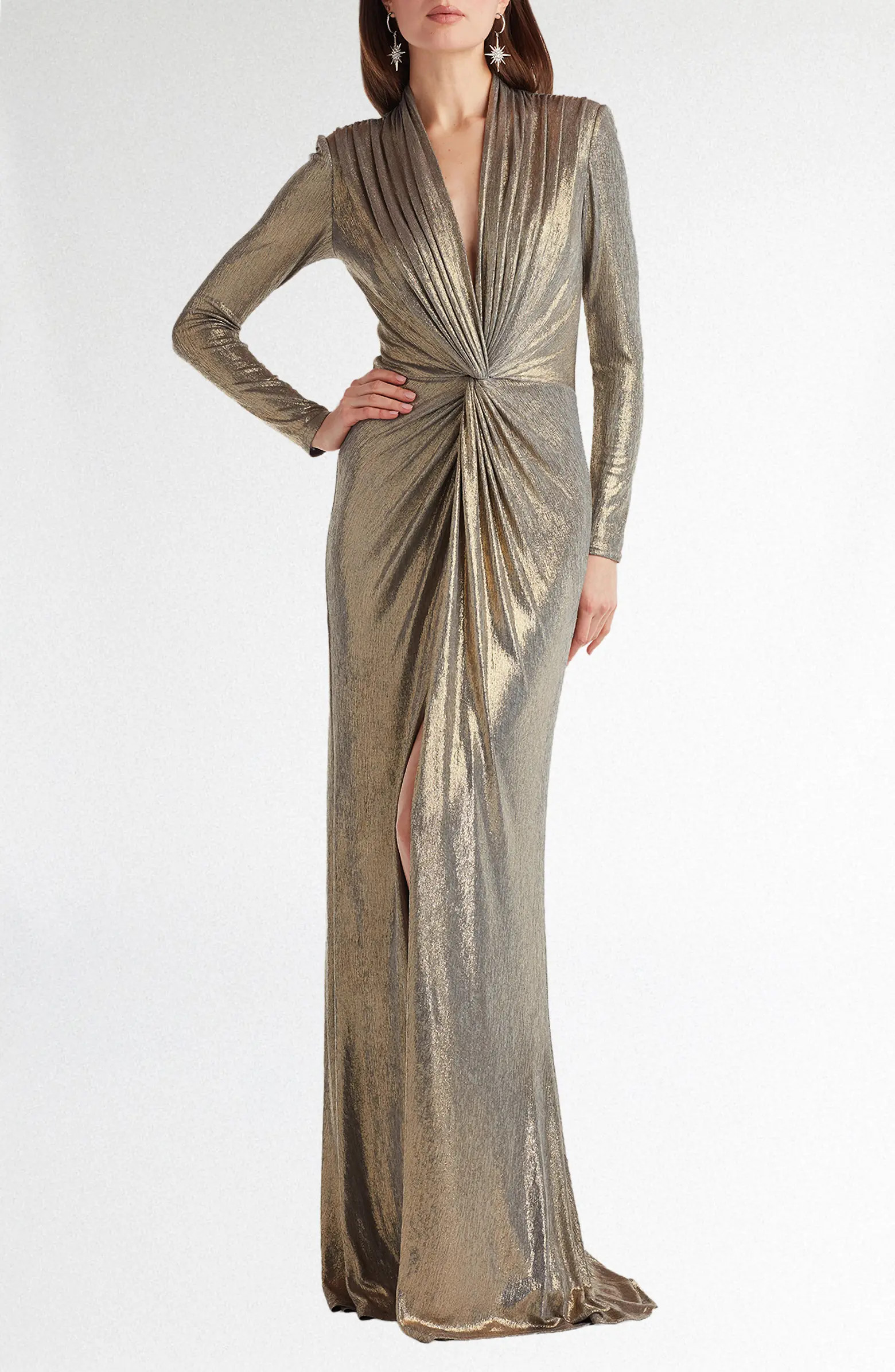 Metallic Long Sleeve Liquid Jersey Gown | Nordstrom