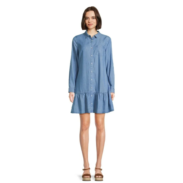 Time and Tru Women's Mini Shirt Dress with Long Sleeves, Sizes XS-3XL | Walmart (US)