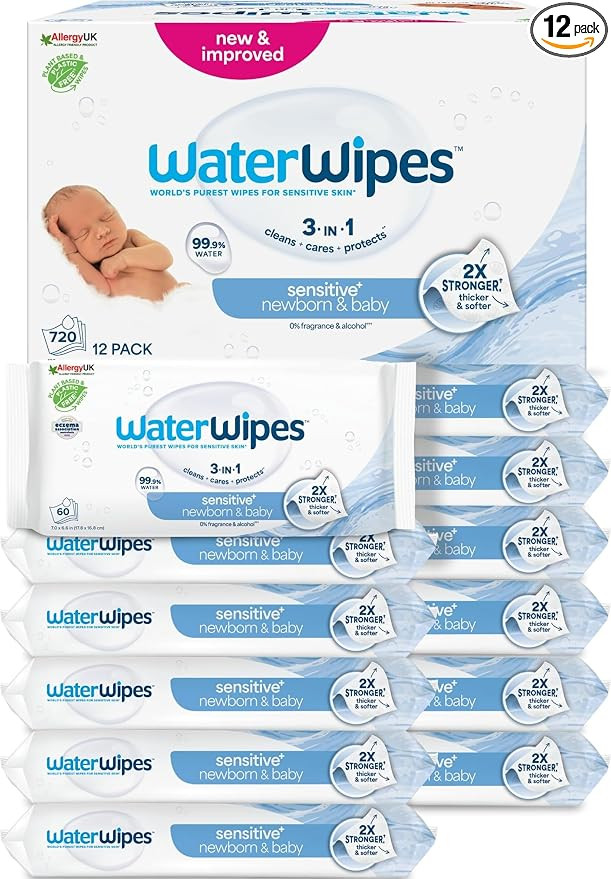 WaterWipes Sensitive+ Newborn & Baby Wipes, 720 Count (12 Packs), 3-In-1 Cleans, Cares, Protects,... | Amazon (UK)