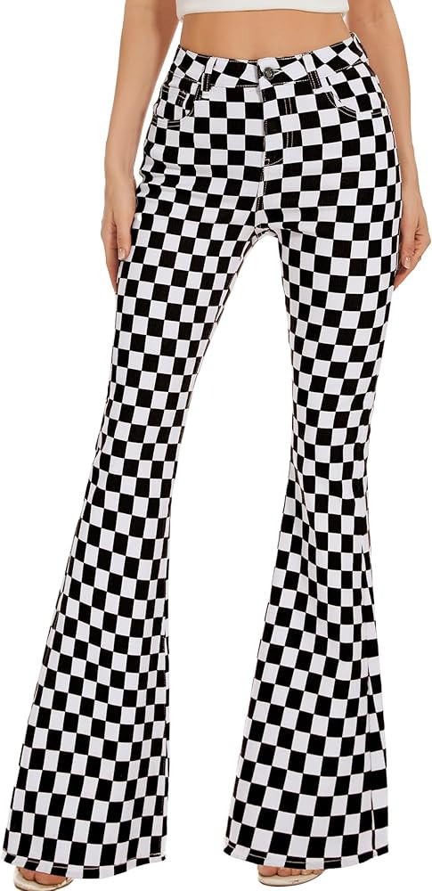 Bell Bottom Jeans for Women High Waisted Stretch Plaid Flare Jeans Denim Bootcut Pants | Amazon (US)