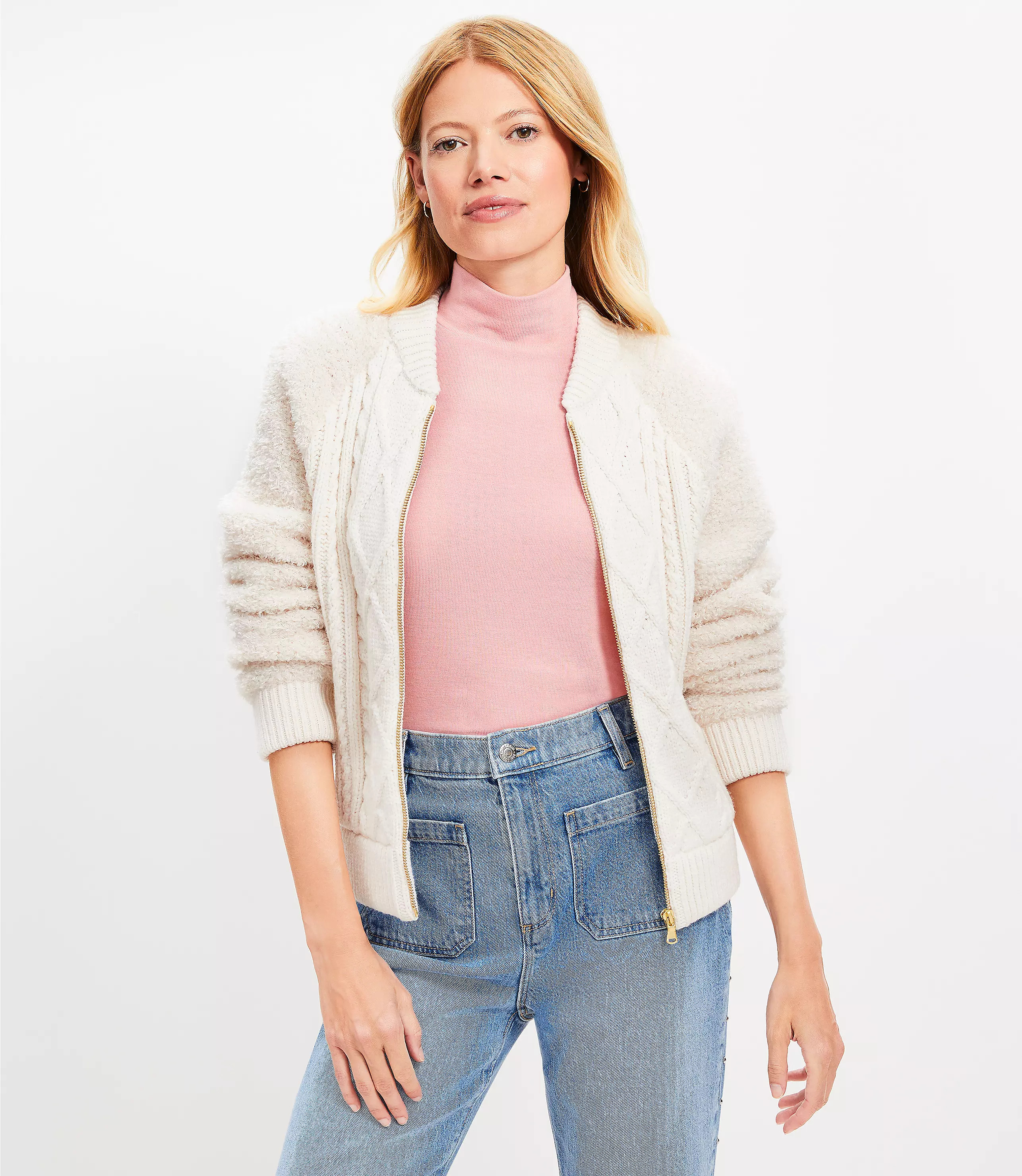 Cable Bomber Sweater Jacket | LOFT
