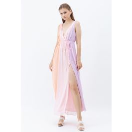 Pastel Color Block Deep V-Neck Chiffon Maxi Dress | Chicwish