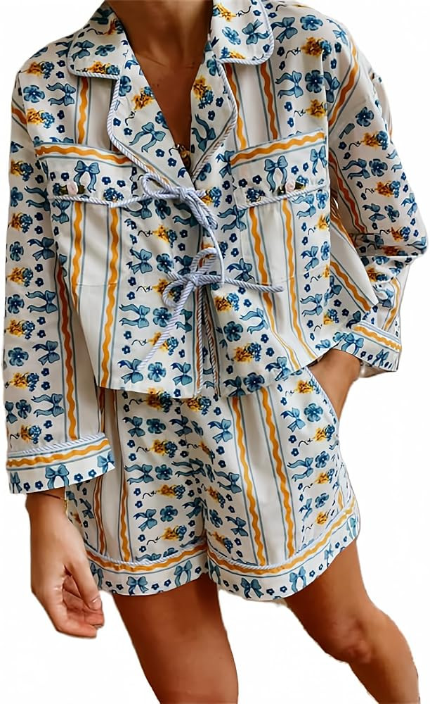 Yuemengxuan Women Y2k Peplum Shirt Shorts Set Two Piece Lounge Set Pajamas Sets Puff Sleeve Tie F... | Amazon (US)