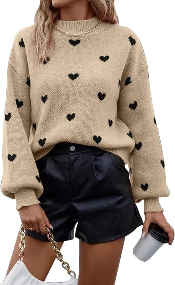 HOYOYDT Women's Heart Graphic Long Lantern Sleeve Knitted Sweaters Casual Mock Neck Loose Pullove... | Amazon (US)