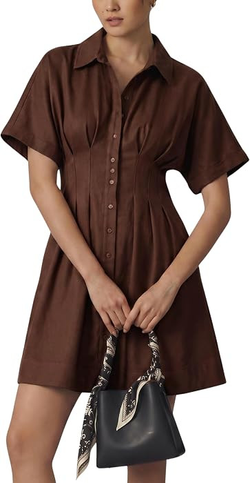 Womens Casual Faux Suede Short Sleeve Shirt Dress Pleated Button Down Tapered Waist Mini Dress wi... | Amazon (US)