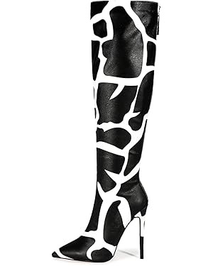 Zebra print black red burgundy purple knee high boots for women Orange High heeled Pointed toe Ba... | Amazon (US)