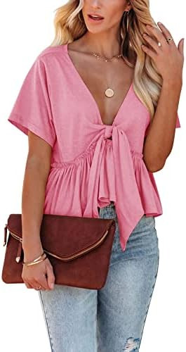 Fanway&EC Women's Short Sleeve V Neck Blouses Ruffle Hem Tie Front Crop Tops Lightweight Basic Su... | Amazon (US)