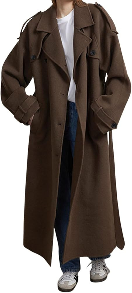 CHARTOU Women Vintage Double-Breasted Wool Coat Notch Lapel Tweed Long Trench Coat Windproof Belt... | Amazon (US)