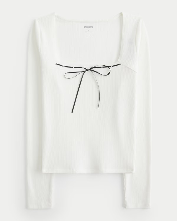 Ribbed Seamless Fabric Lace Trim Square-Neck Top | Hollister (US)