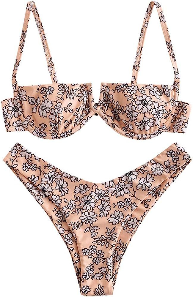 Women's Floral V-Wired Underwire High Leg Two Piece Bikini Set Swimsuit | Amazon (US)