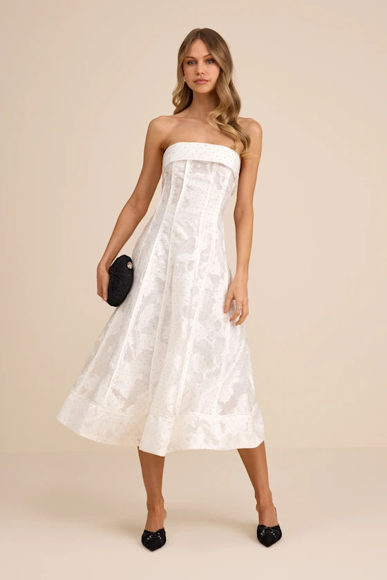 Abilene White Floral Jacquard Rhinestone Strapless Midi Dress | Lulus