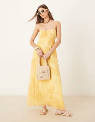 ASOS DESIGN cami tie straps midaxi tea dress in yellow floral print | ASOS (Global)