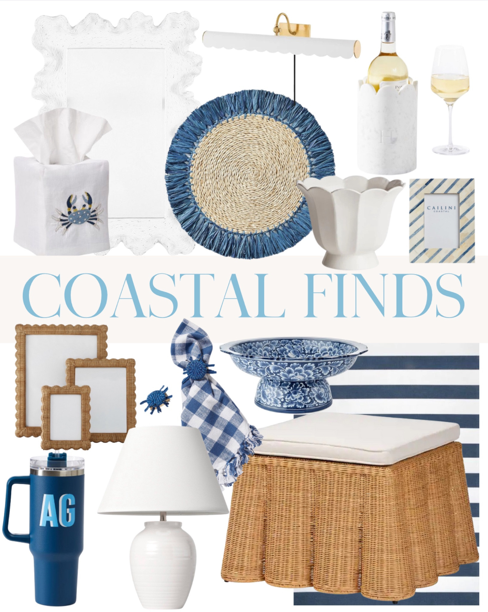 Coastal home decor, coastal decor, scalloped rattan ottoman, striped rug, scalloped frames, scalloped planter, white lamp, coral mirror, white mirror, blue and white decor



#LTKhome #LTKsalealert #LTKfindsunder100