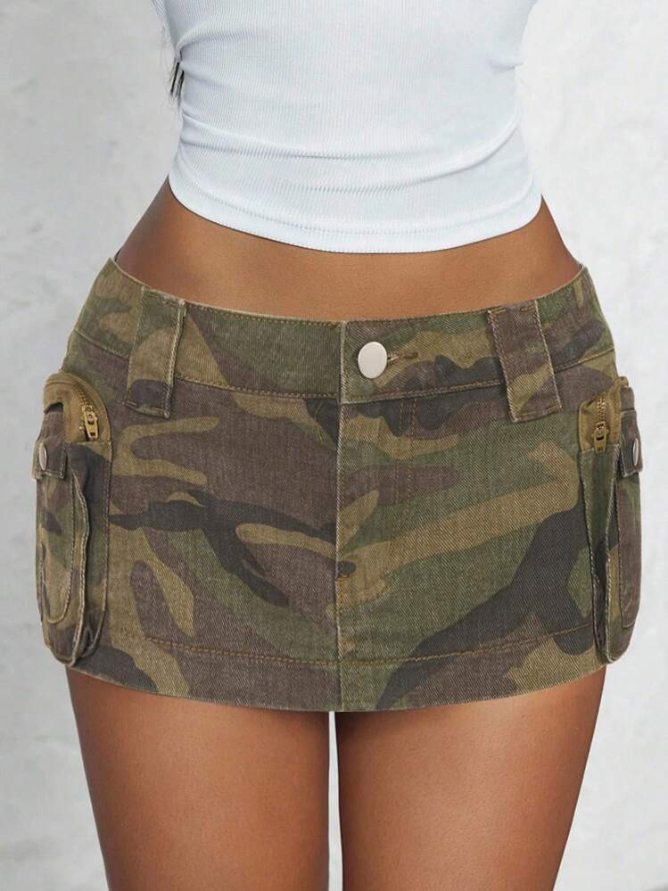 Jeanoix Women Camo Print Riveted Pocket Low Waist Denim Mini Skirt | SHEIN