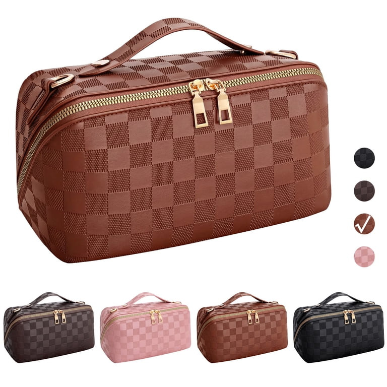 SUOSDEY 2 in 1 Crossbody Makeup Bag,Travel Luxury Leather Cosmetic Bag Organizer Set(Brown,Checke... | Walmart (US)