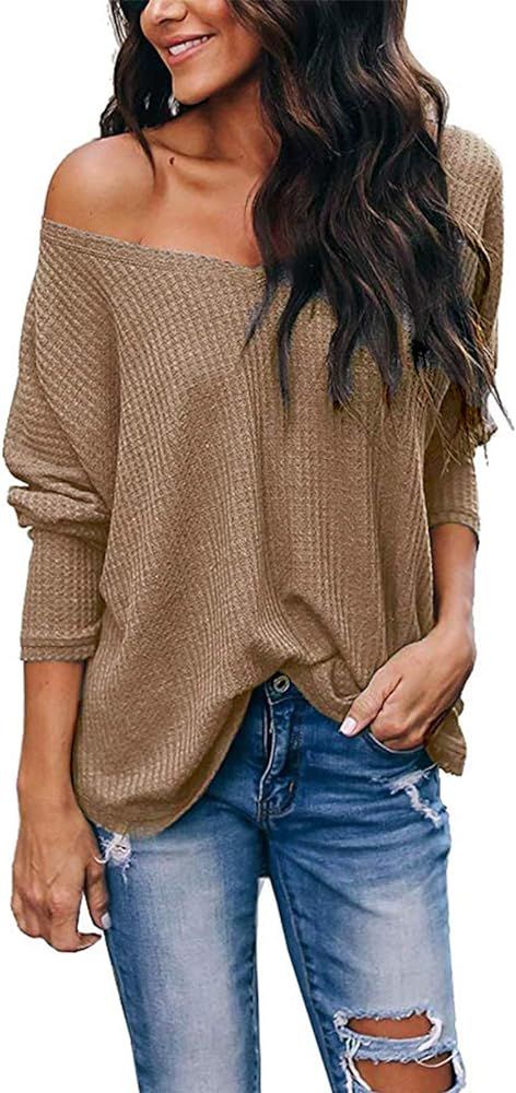 LuckyMore Women's Casual Off Shoulder Tops V Neck Waffle Knit Shirt Batwing Sleeve Loose Pullover... | Amazon (US)