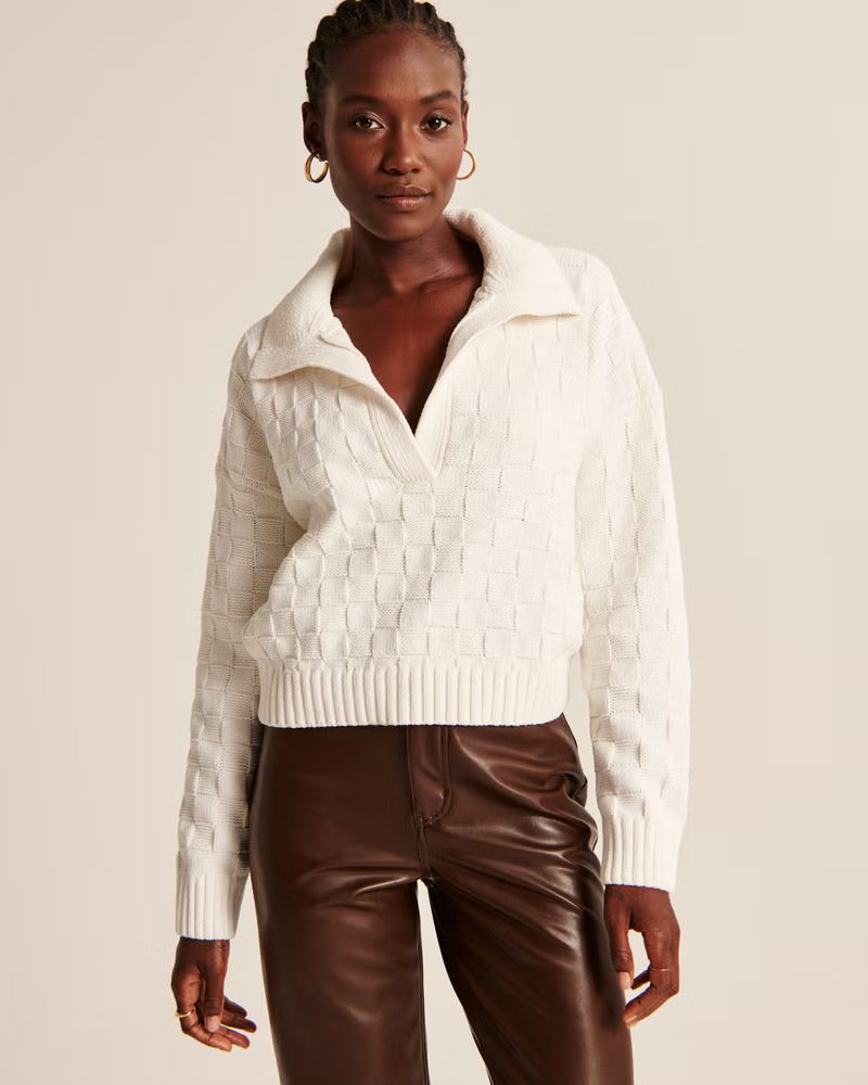 Women's Checkerboard Stitch Notch-Neck Sweater | Women's | Abercrombie.com | Abercrombie & Fitch (US)