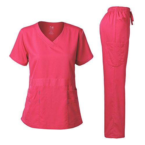 Dagacci Medical Uniform Women's Scrubs Set Stretch Ultra Soft V-Neck Top and Pants Hot Pink XL | Amazon (US)