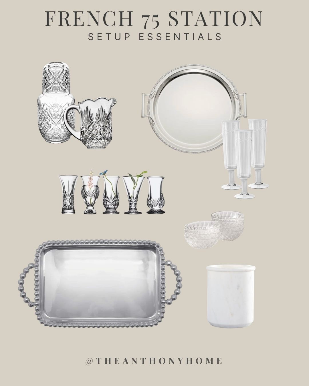 Everything I use to make a self-serve French 75 station feel pulled together without making it complicated. 🤍

A crystal pitcher for the gin, lemon juice + simple syrup, champagne flutes, a marble cooler to keep the bubbly cold, small bowls for lemon twists, bud vases for a little greenery or flowers, and a silver tray to keep the whole setup contained.

These are the kinds of pieces I use over and over again for cocktail stations, happy hour, birthdays, and dinner parties.

I linked the exact pieces I could find, plus my favorite current options for the closest lookalikes to pieces I’ve collected over the years.

#LTKHome #LTKfoodie