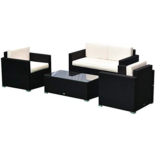 Outsunny 4-Piece Cushioned Patio Furniture Set, with 2 Chairs, Loveseat, and Glass Coffee Table, ... | Amazon (US)