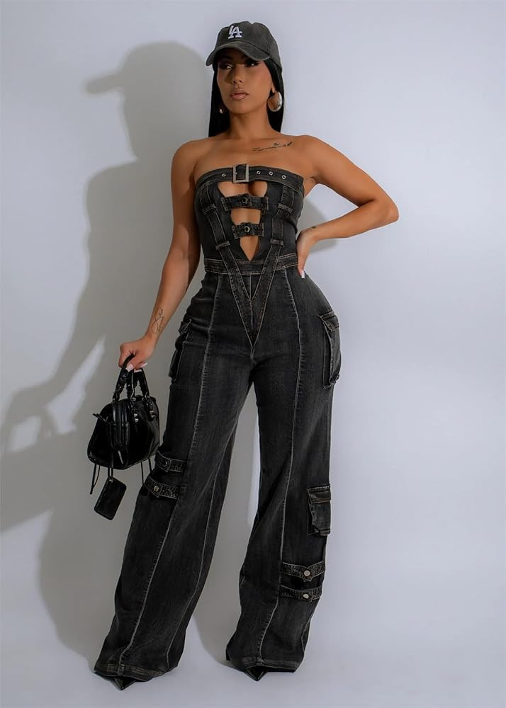 Mandonce Denim Jumpsuit For Women Sleeveless One Shoulder Metal Ring Buckle Cutout Zipper Cargo Jumpsuit Denim Romper Sexy | Amazon (US)
