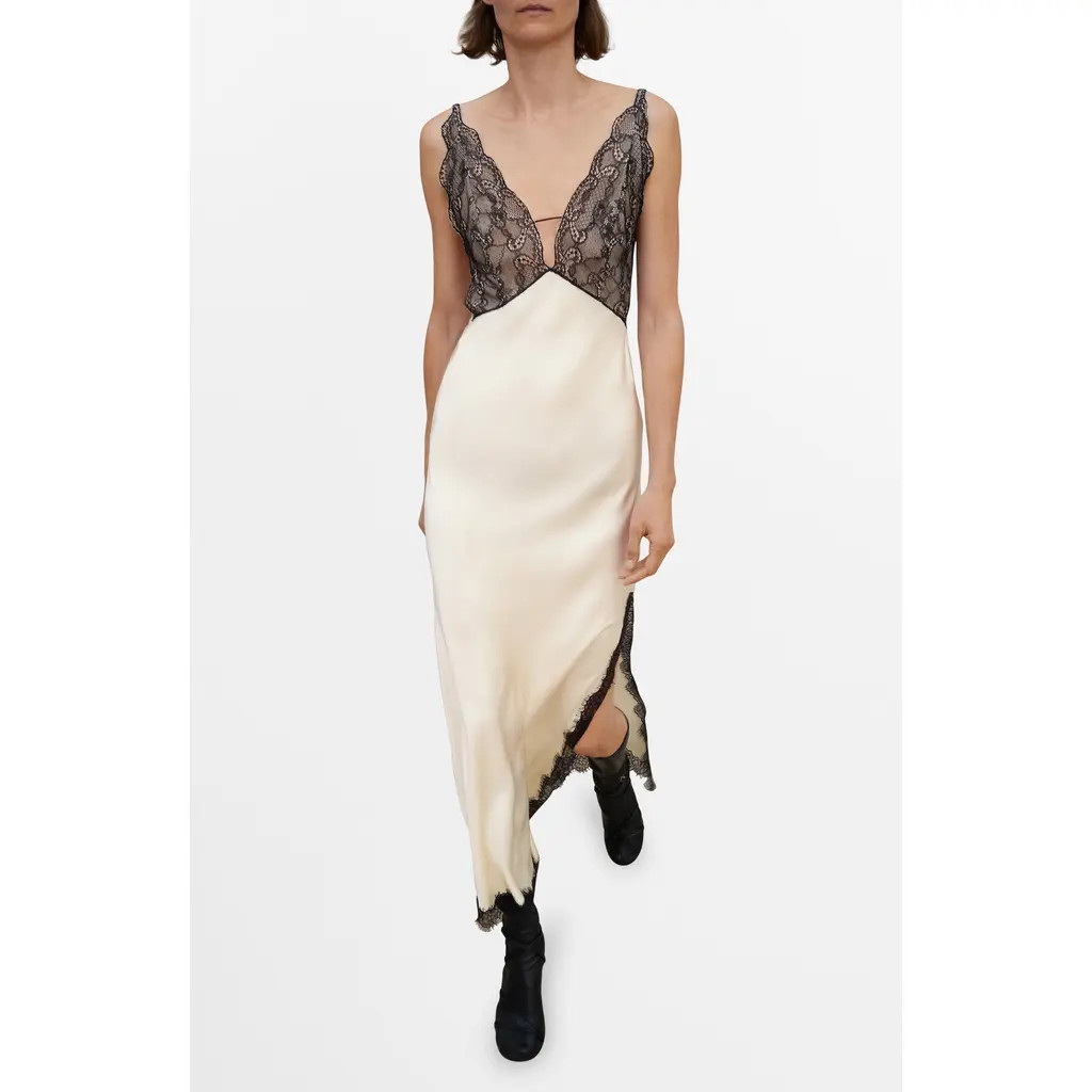 MANGO Selection Lace Trim Satin Slipdress in Ecru at Nordstrom, Size 8 | Nordstrom