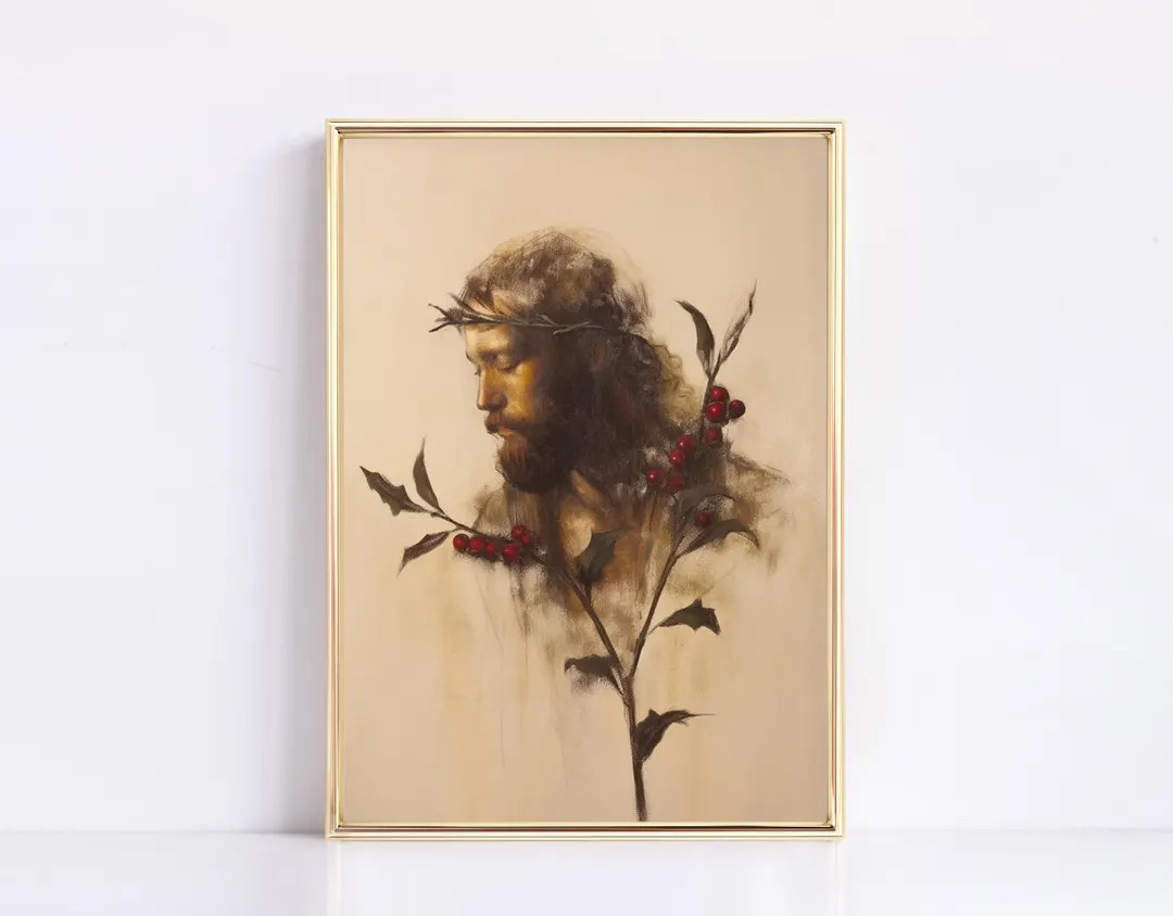 Jesus With Holly Berries Christian Christmas Digital Print Neutral Vintage Holiday Season Jesus C... | Etsy (US)
