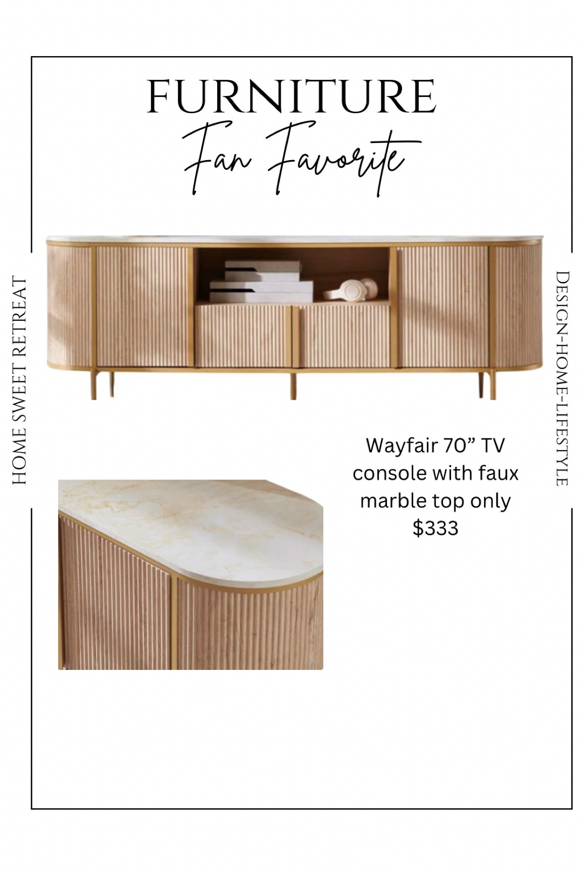 Melting over this gorgeous 70” TV console from wayfair. It has fluted panels and a faux marble top. It screams luxury- but with an affordable price of only $333!

#LTKHome #LTKSaleAlert