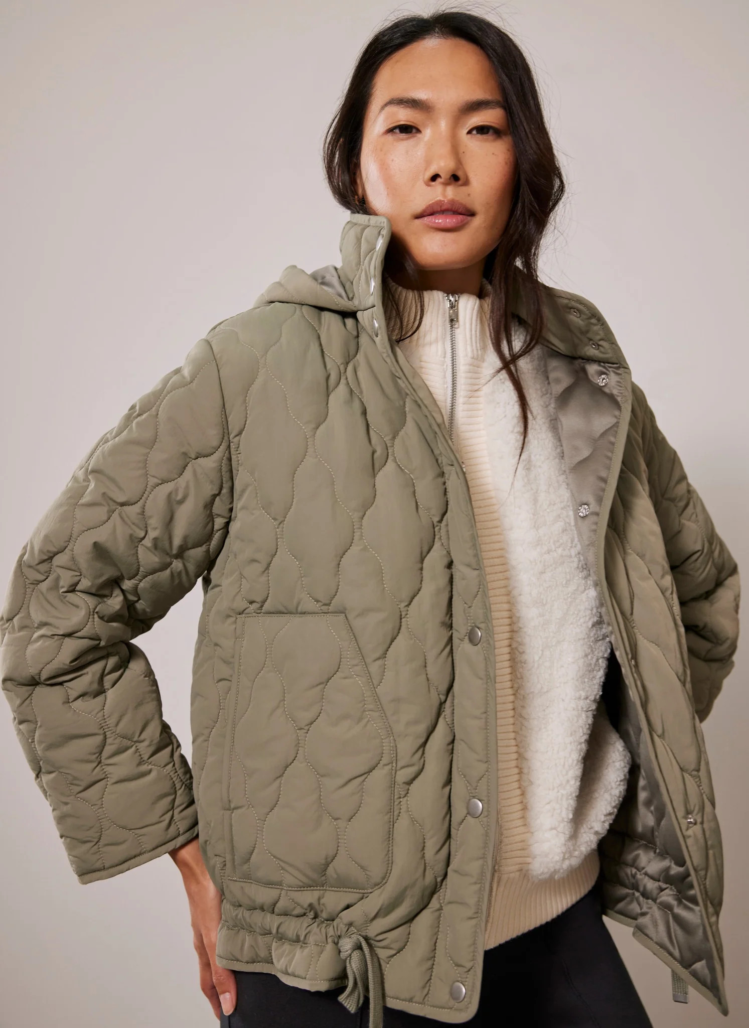 Khaki Quilted Hooded Jacket | Mint Velvet