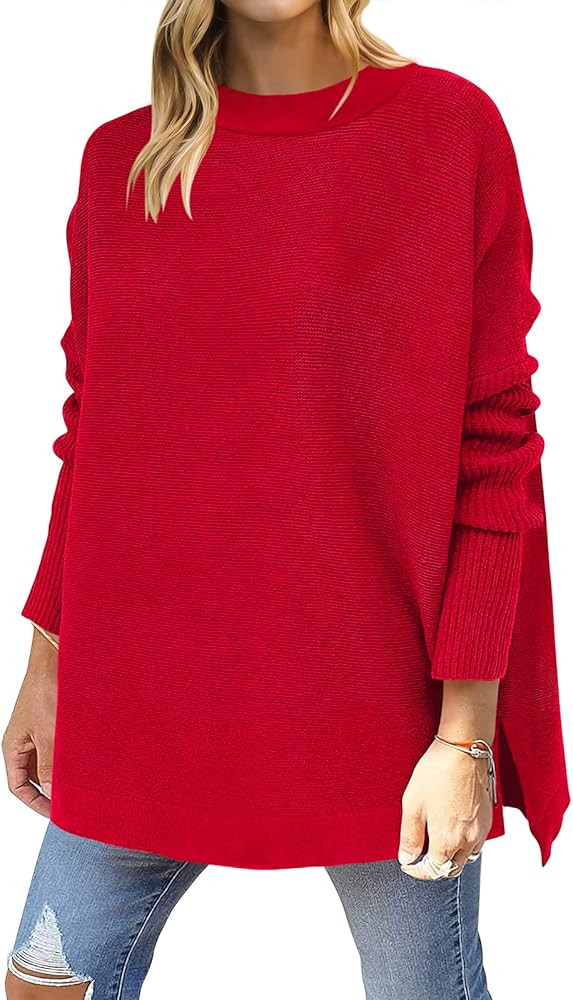 ANRABESS Women's 2023 Casual Oversized Long Batwing Sleeve Crewneck Spilt High Low Hem Knit Tunic... | Amazon (US)