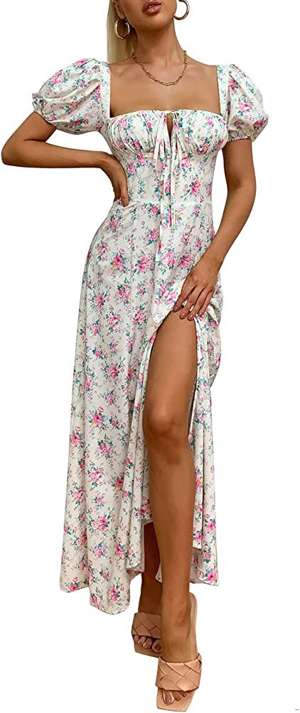 Women's Summer Puff Sleeve Floral Split Maxi Dress Flowy A Line Casual Beach Long Dresses | Amazon (US)